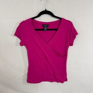 Express Womens Hot Pink Tactel Nylon Faux Wrap V-Neck Short Sleeve Top Size M